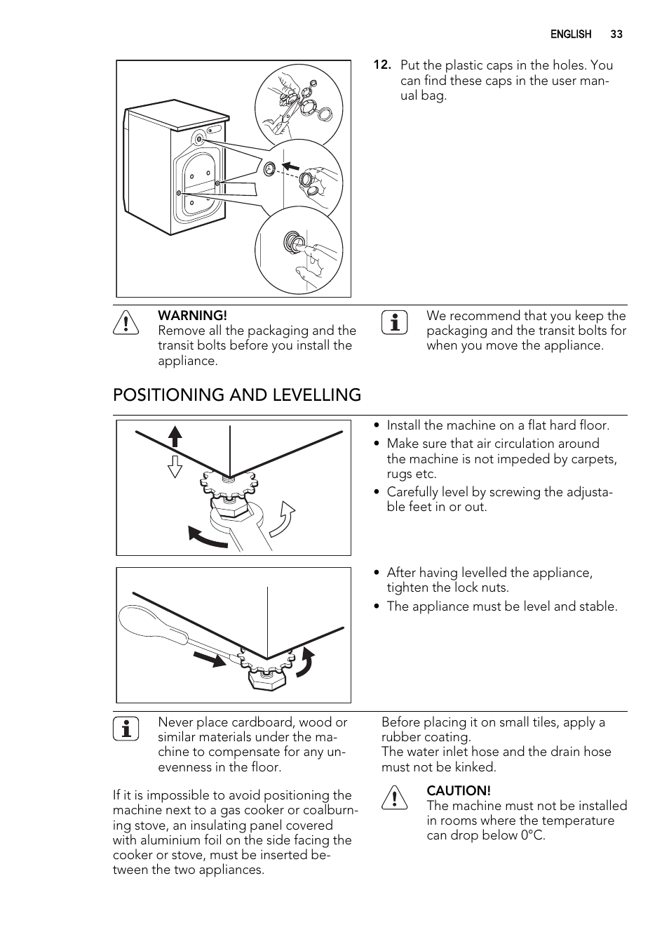 Positioning and levelling | AEG L61270WDBI User Manual | Page 33 / 80