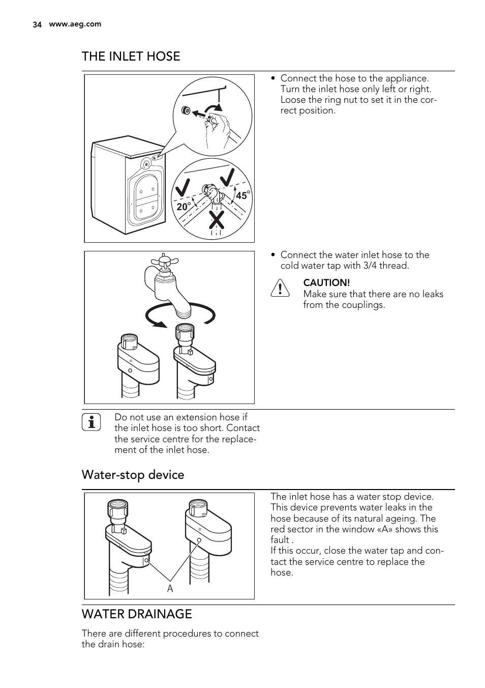 The inlet hose, Water-stop device, Water drainage | AEG L61270WDBI User Manual | Page 34 / 80
