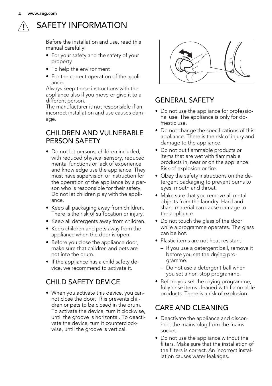 Safety information, Children and vulnerable person safety, Child safety device | General safety, Care and cleaning | AEG L61270WDBI User Manual | Page 4 / 80