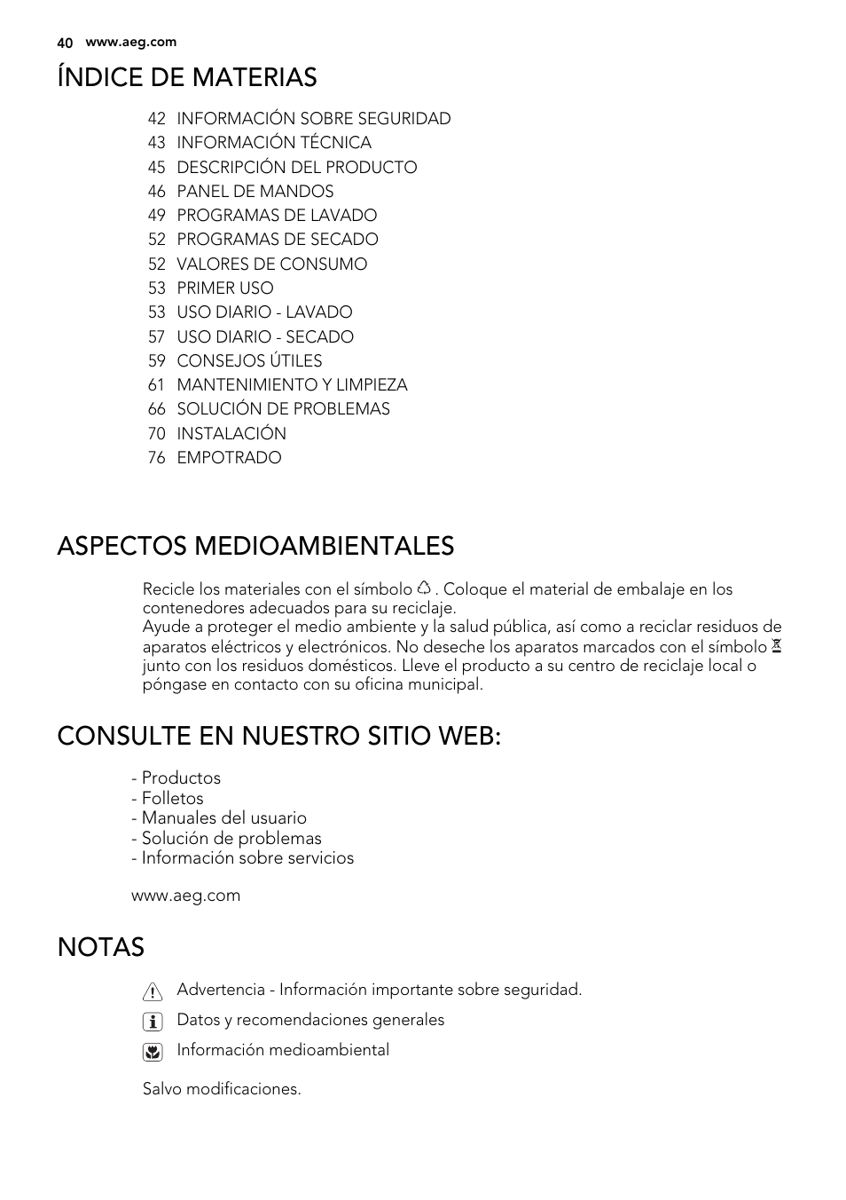 Índice de materias, Aspectos medioambientales, Consulte en nuestro sitio web | Notas | AEG L61270WDBI User Manual | Page 40 / 80