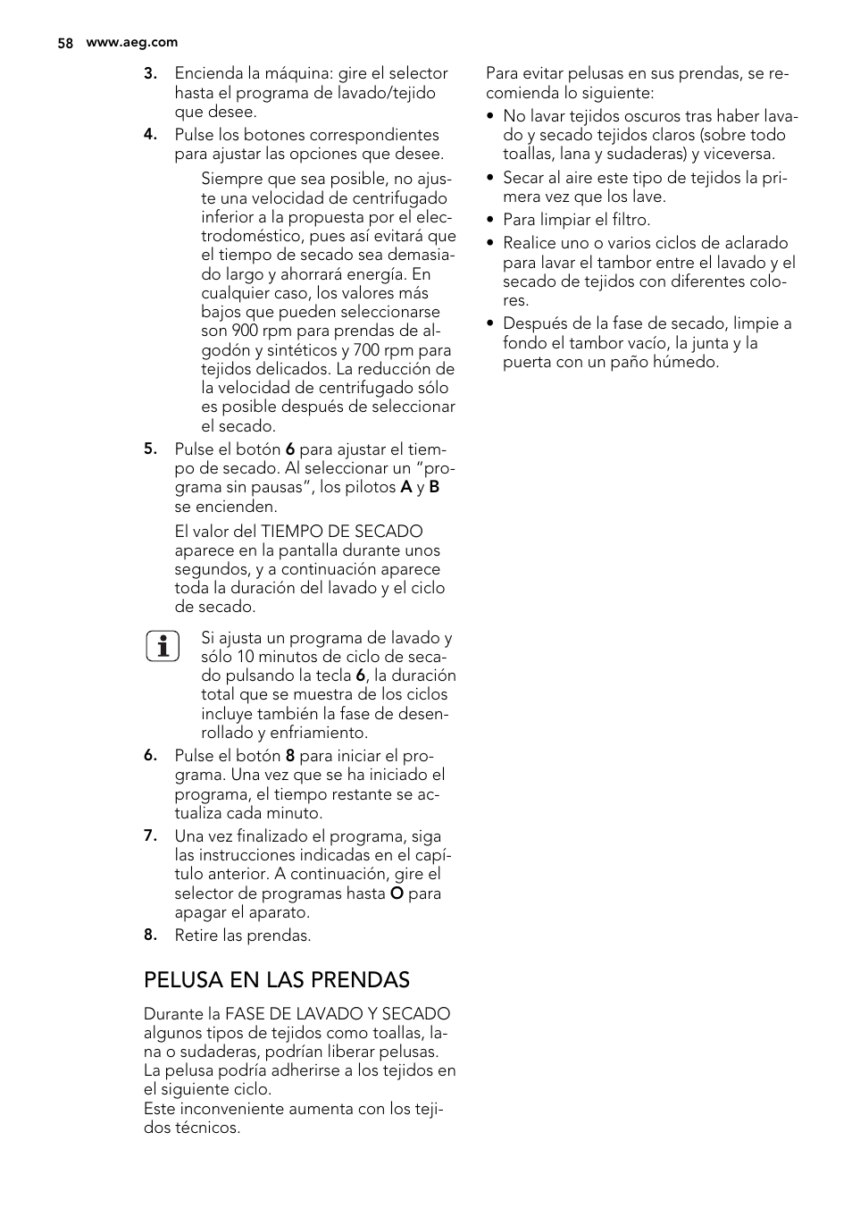 Pelusa en las prendas | AEG L61270WDBI User Manual | Page 58 / 80