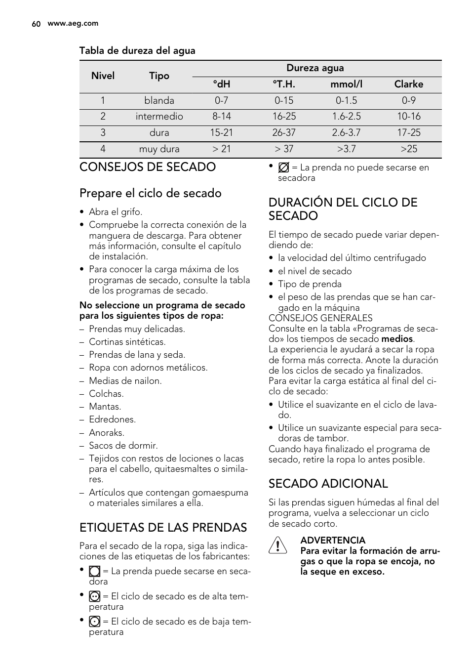 Consejos de secado prepare el ciclo de secado, Etiquetas de las prendas, Duración del ciclo de secado | Secado adicional | AEG L61270WDBI User Manual | Page 60 / 80