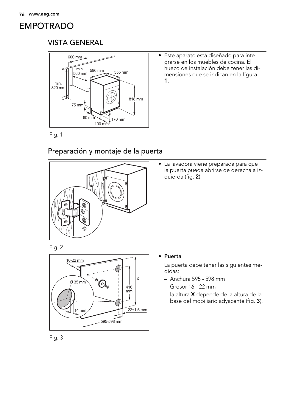 Empotrado, Vista general, Preparación y montaje de la puerta | AEG L61270WDBI User Manual | Page 76 / 80