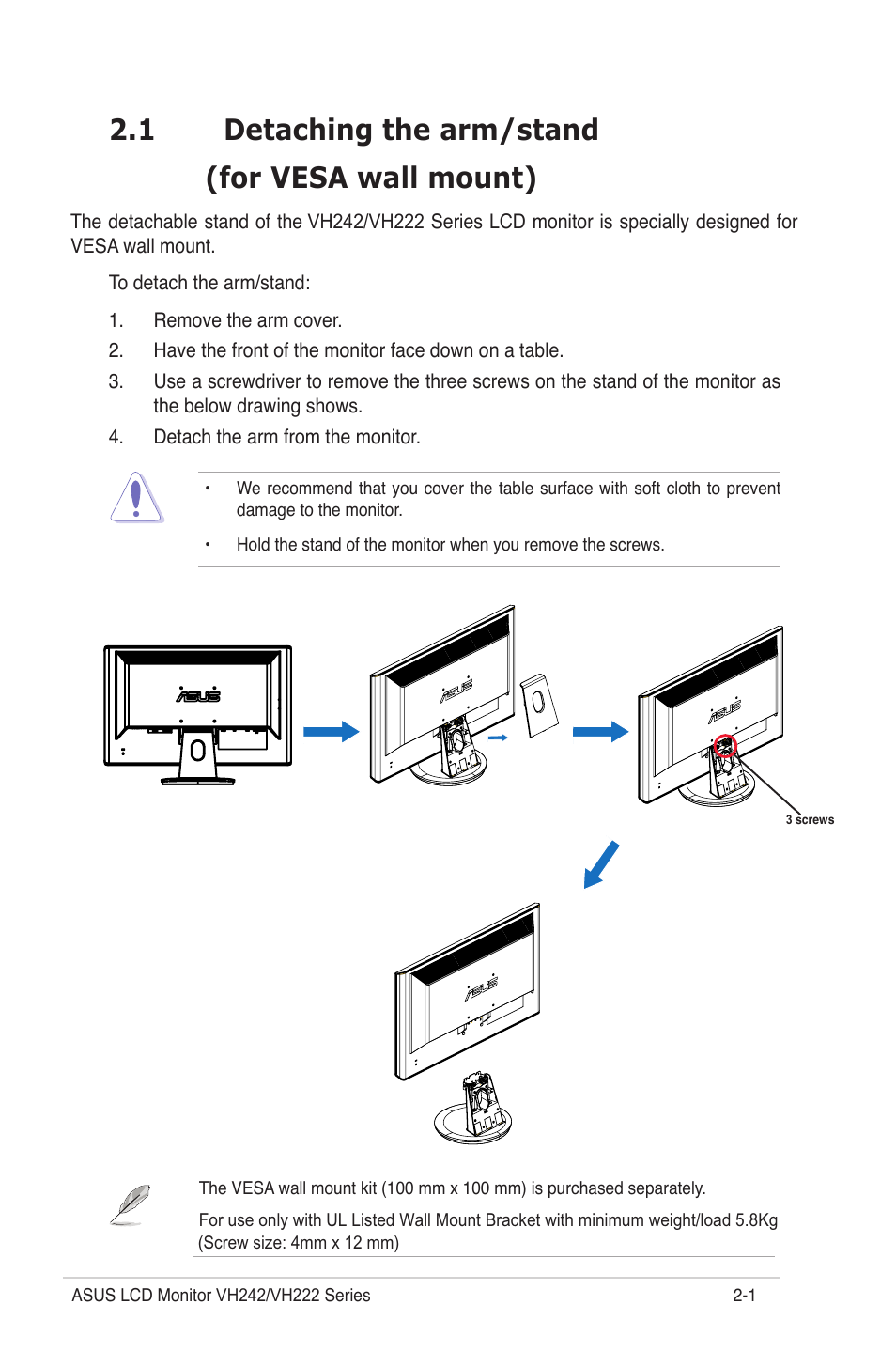 1 detaching the arm/stand (for vesa wall mount) | Asus VH222 User Manual | Page 14 / 23