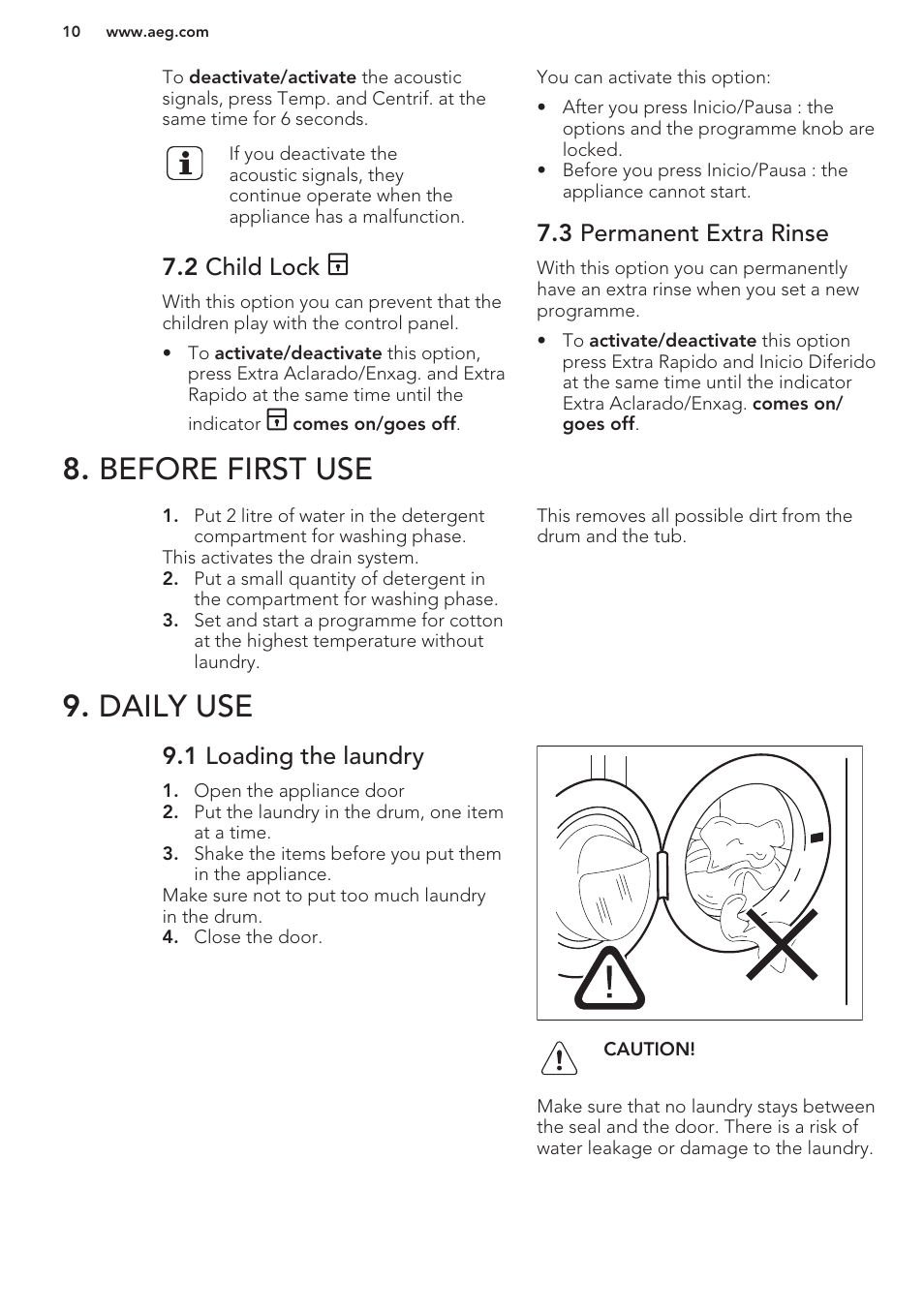 2 child lock, 3 permanent extra rinse, Before first use | Daily use, 1 loading the laundry, Before first use 9. daily use | AEG L62270FL User Manual | Page 10 / 40