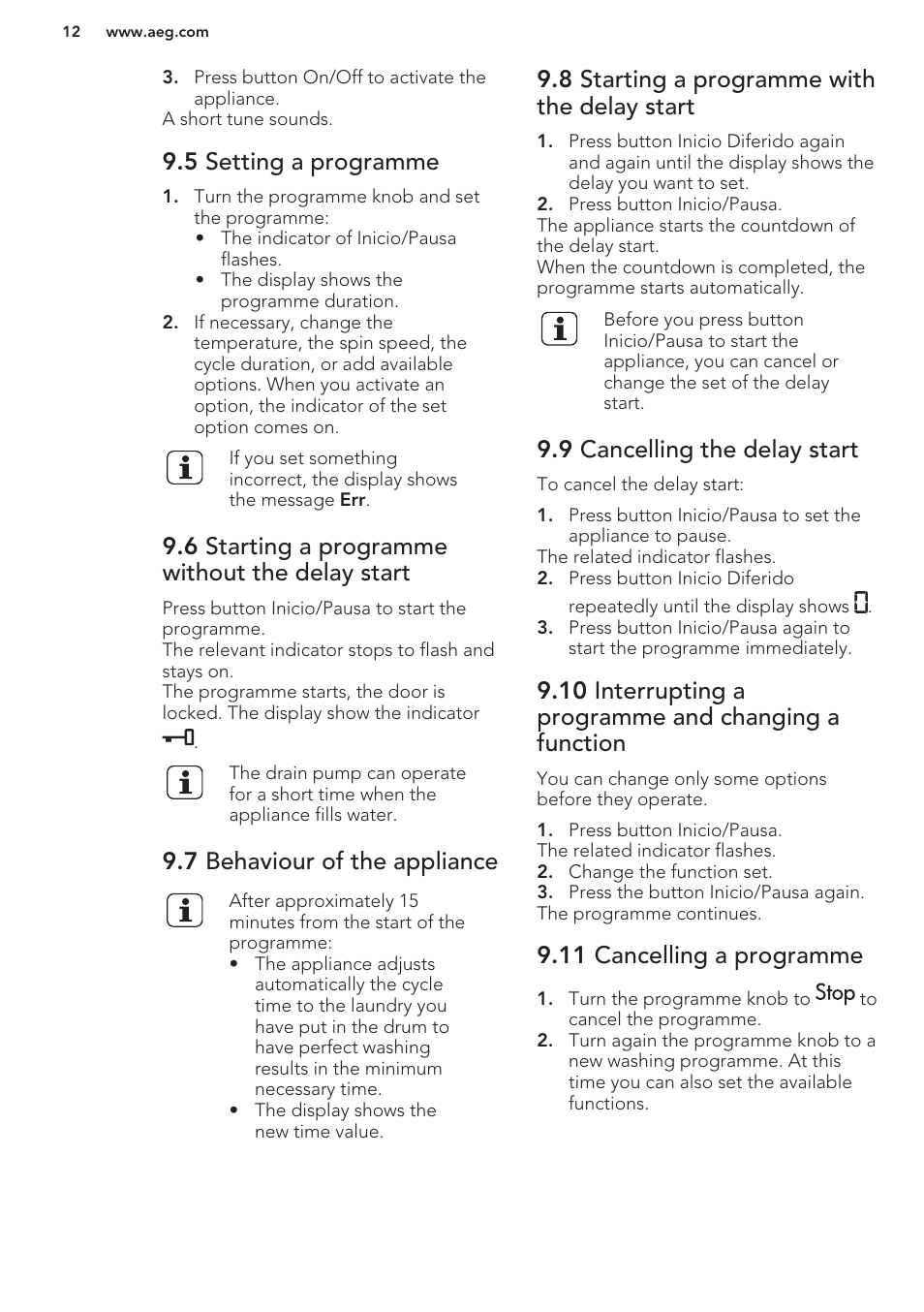 5 setting a programme, 6 starting a programme without the delay start, 7 behaviour of the appliance | 8 starting a programme with the delay start, 9 cancelling the delay start, 11 cancelling a programme | AEG L62270FL User Manual | Page 12 / 40
