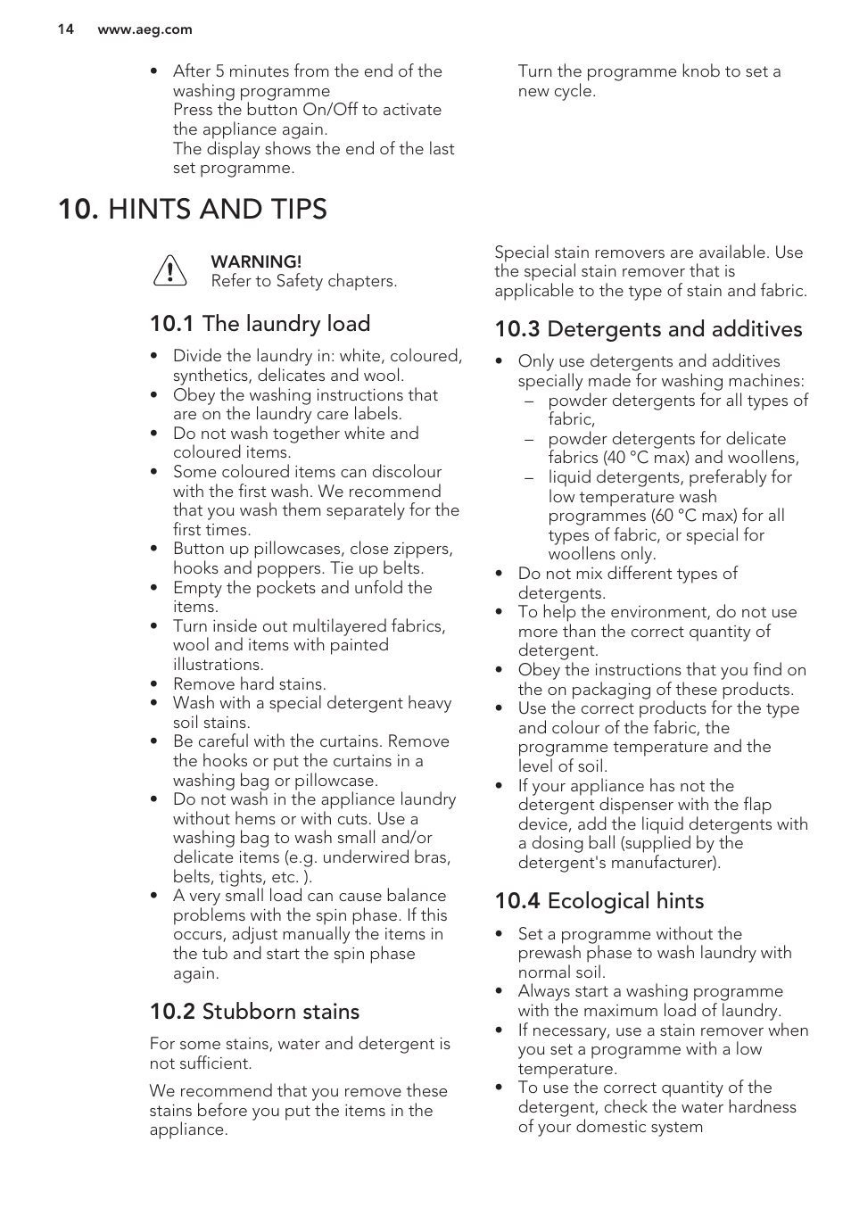 Hints and tips, 1 the laundry load, 2 stubborn stains | 3 detergents and additives, 4 ecological hints | AEG L62270FL User Manual | Page 14 / 40