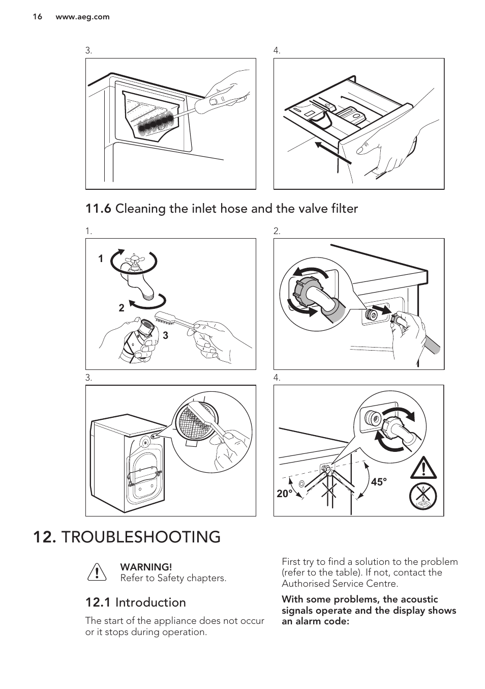 6 cleaning the inlet hose and the valve filter, Troubleshooting, 1 introduction | AEG L62270FL User Manual | Page 16 / 40