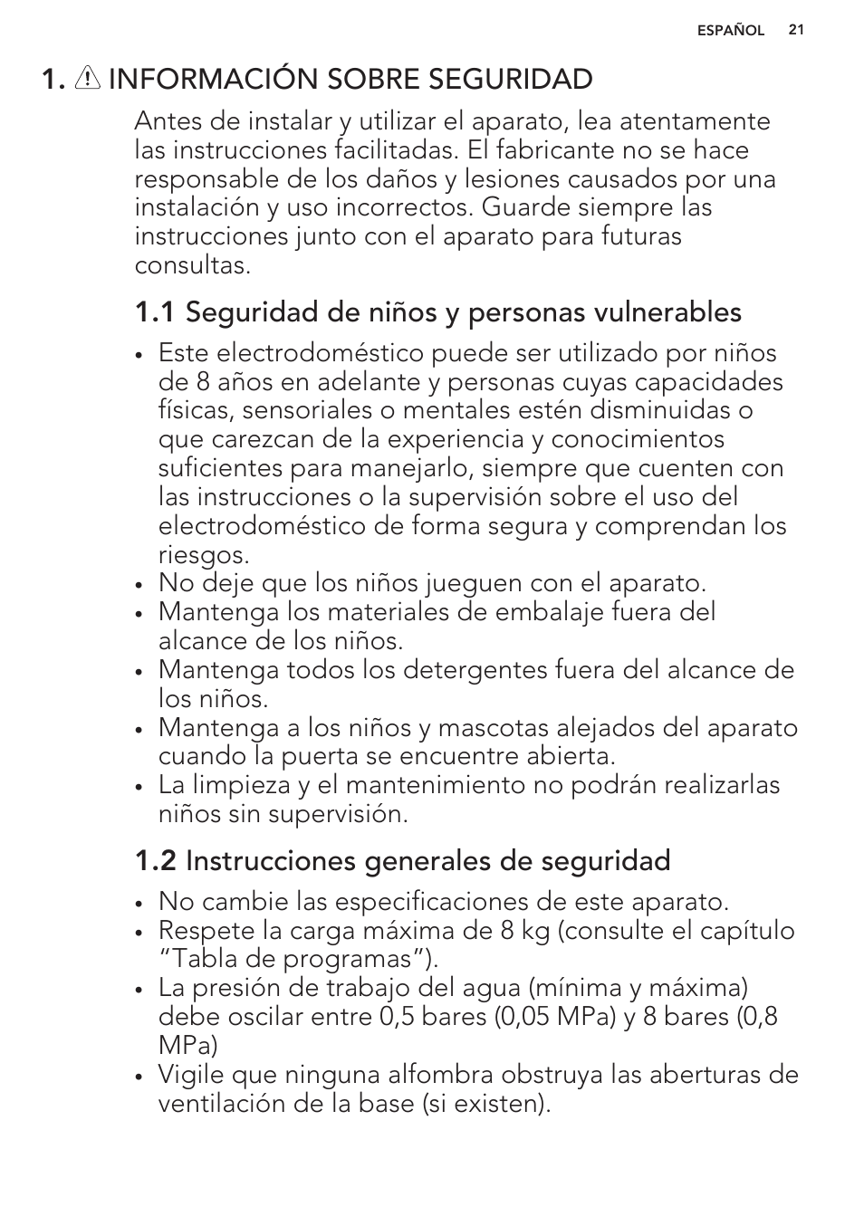 Información sobre seguridad, 1 seguridad de niños y personas vulnerables, 2 instrucciones generales de seguridad | AEG L62270FL User Manual | Page 21 / 40