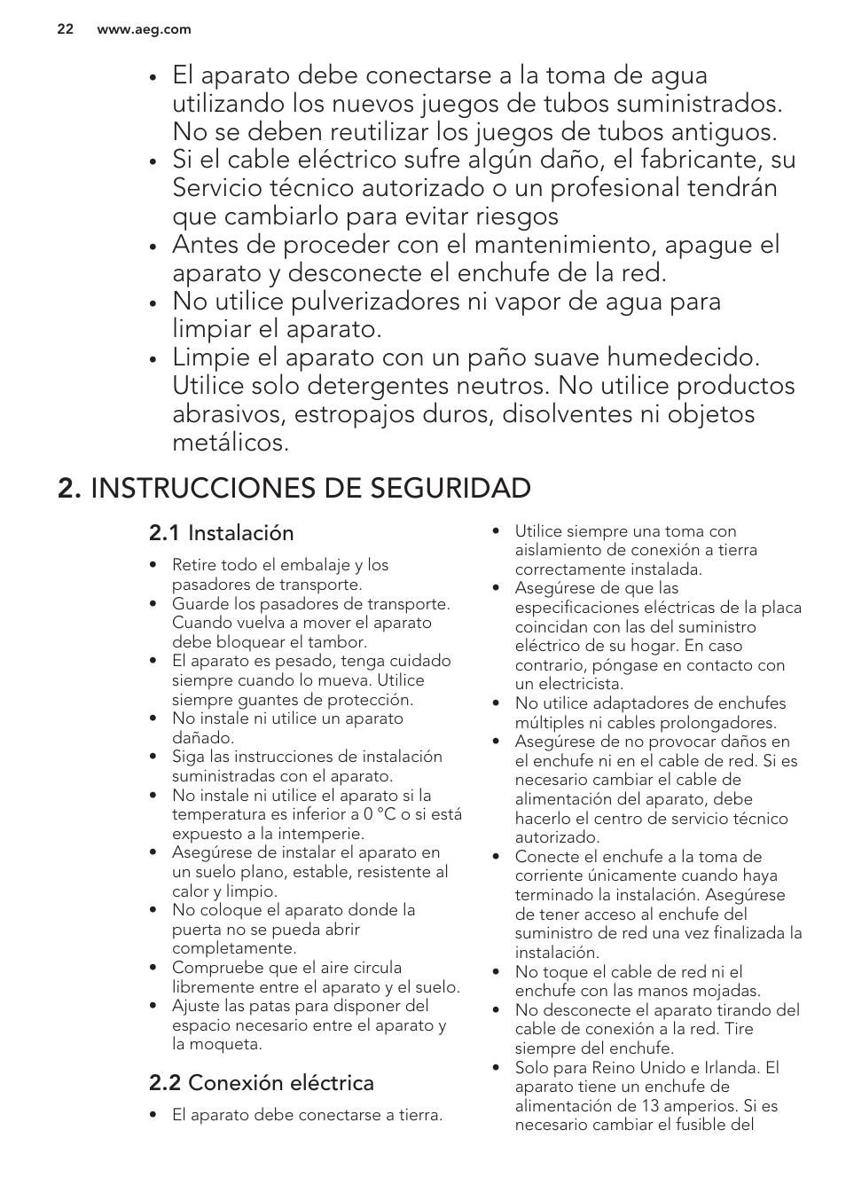 Instrucciones de seguridad, 1 instalación, 2 conexión eléctrica | AEG L62270FL User Manual | Page 22 / 40