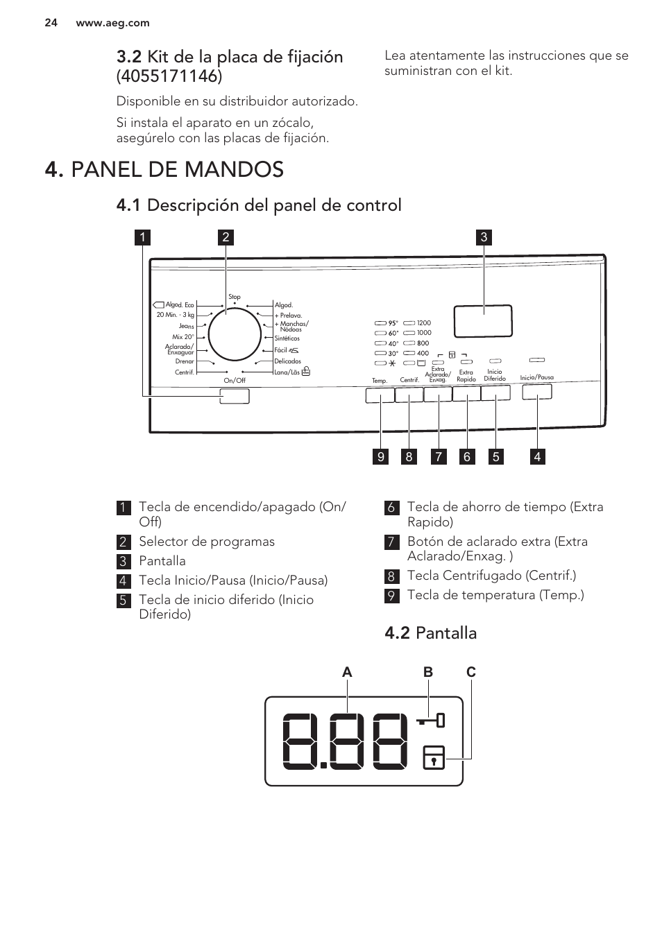 2 kit de la placa de fijación (4055171146), Panel de mandos, 1 descripción del panel de control | 2 pantalla, Ab c | AEG L62270FL User Manual | Page 24 / 40