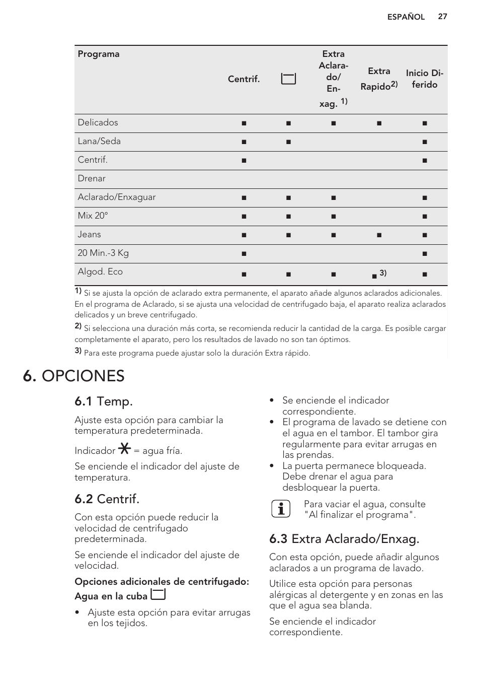 Opciones, 1 temp, 2 centrif | 3 extra aclarado/enxag | AEG L62270FL User Manual | Page 27 / 40