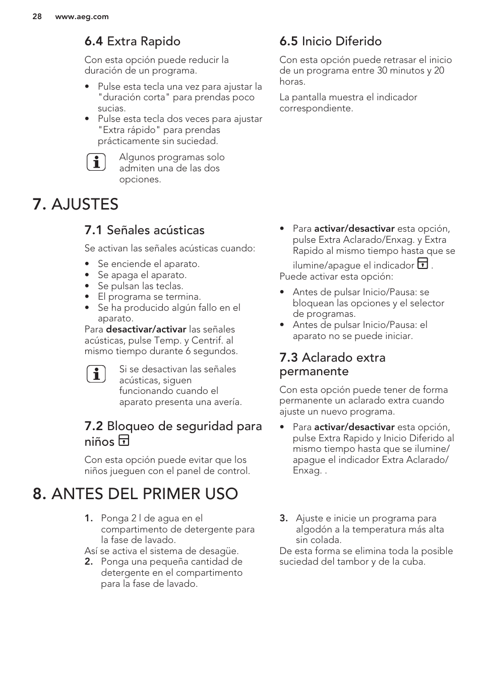 4 extra rapido, 5 inicio diferido, Ajustes | 1 señales acústicas, 2 bloqueo de seguridad para niños, 3 aclarado extra permanente, Antes del primer uso, Ajustes 8. antes del primer uso | AEG L62270FL User Manual | Page 28 / 40