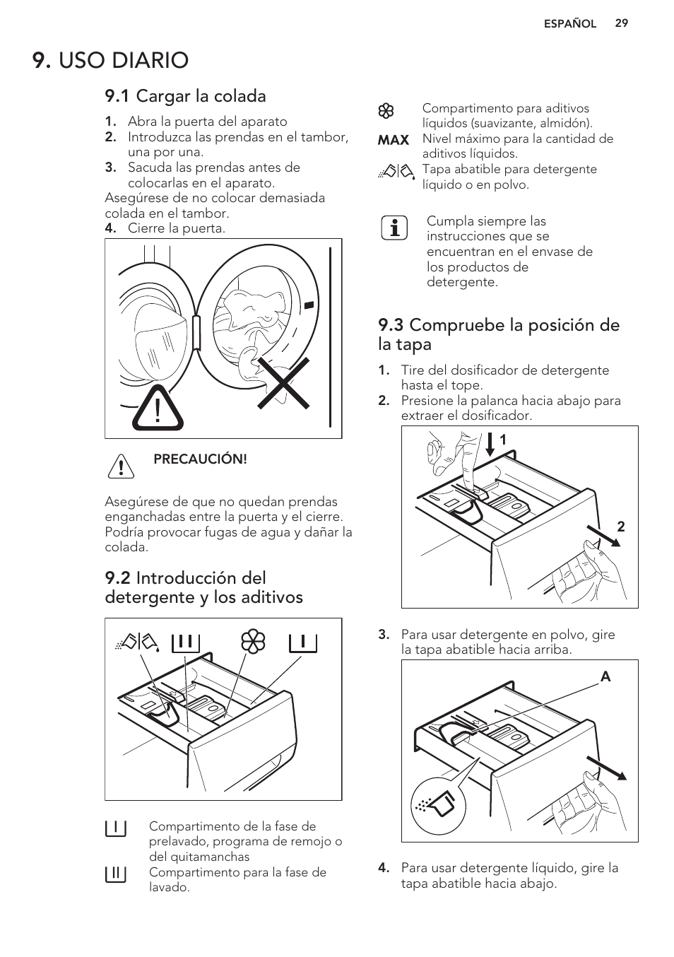 Uso diario, 1 cargar la colada, 2 introducción del detergente y los aditivos | 3 compruebe la posición de la tapa | AEG L62270FL User Manual | Page 29 / 40