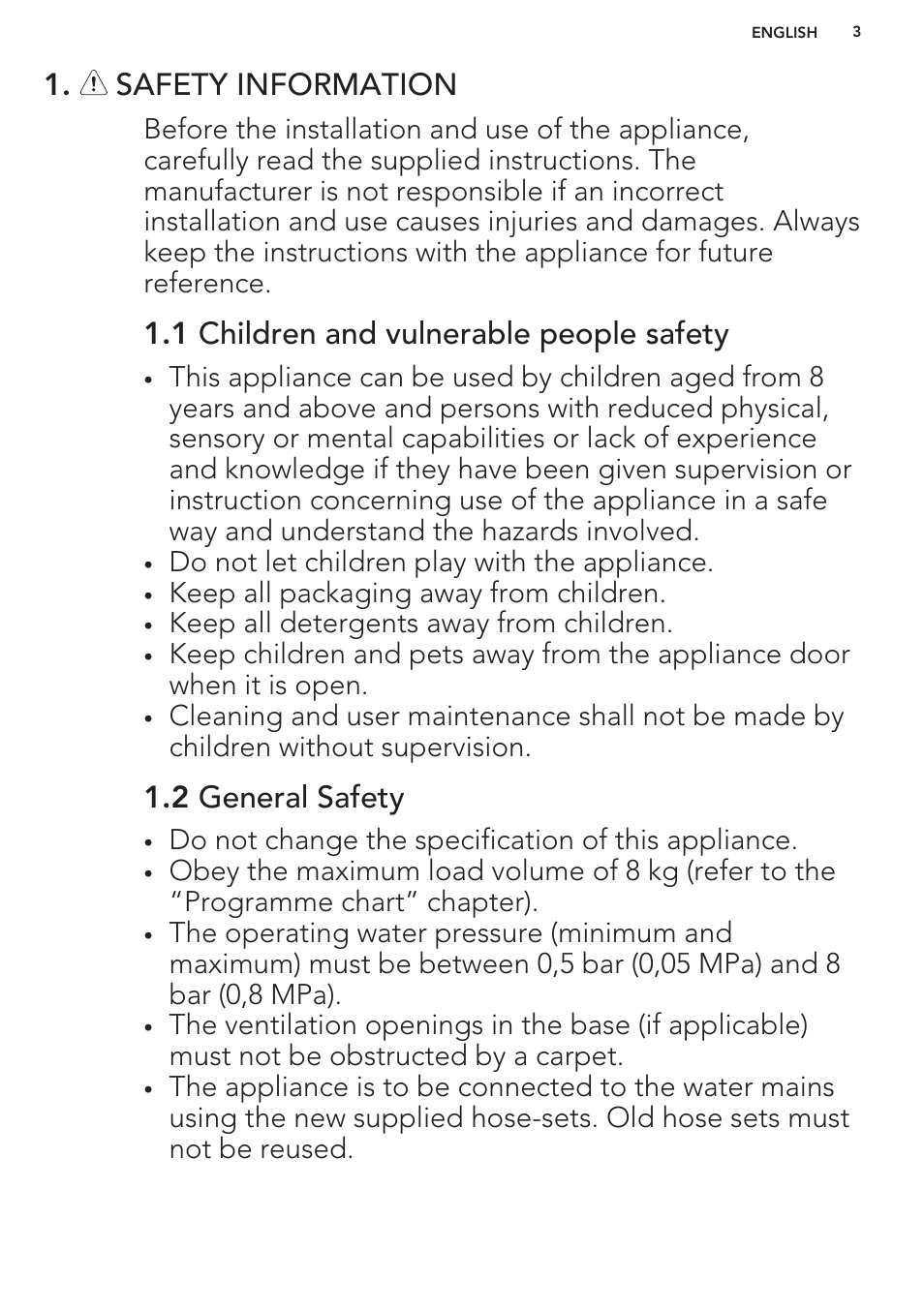 Safety information, 1 children and vulnerable people safety, 2 general safety | AEG L62270FL User Manual | Page 3 / 40