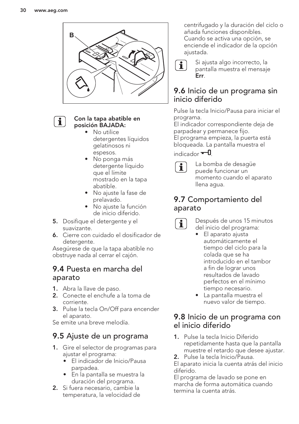 4 puesta en marcha del aparato, 5 ajuste de un programa, 6 inicio de un programa sin inicio diferido | 7 comportamiento del aparato, 8 inicio de un programa con el inicio diferido | AEG L62270FL User Manual | Page 30 / 40