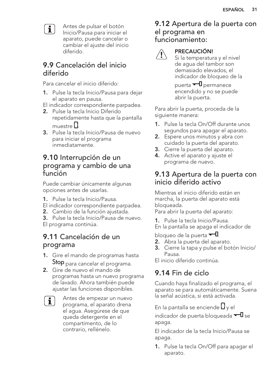 9 cancelación del inicio diferido, 11 cancelación de un programa, 14 fin de ciclo | AEG L62270FL User Manual | Page 31 / 40