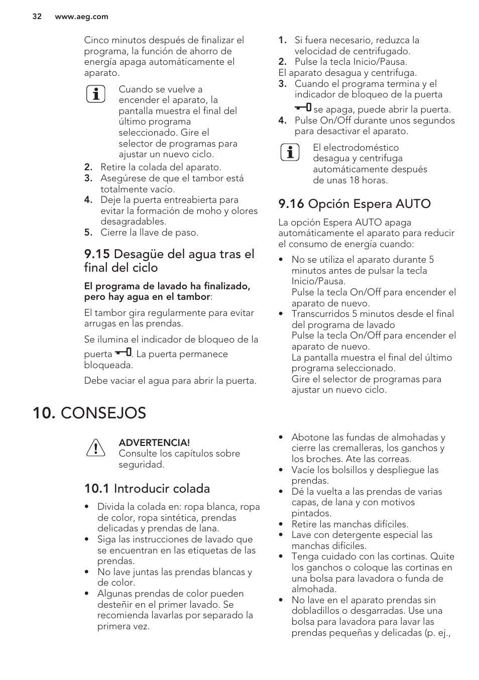 15 desagüe del agua tras el final del ciclo, 16 opción espera auto, Consejos | 1 introducir colada | AEG L62270FL User Manual | Page 32 / 40