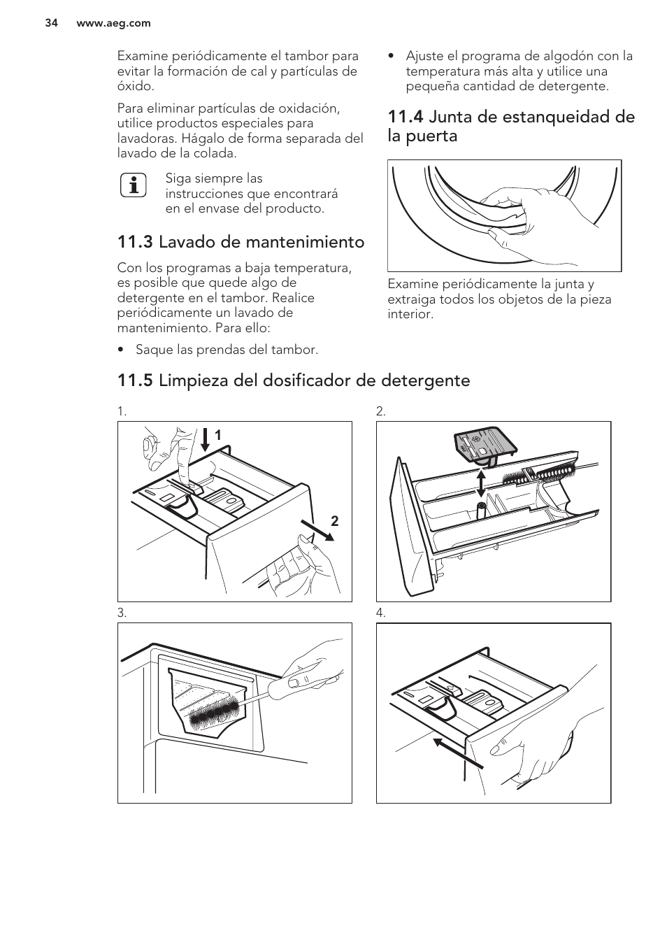 3 lavado de mantenimiento, 4 junta de estanqueidad de la puerta, 5 limpieza del dosificador de detergente | AEG L62270FL User Manual | Page 34 / 40