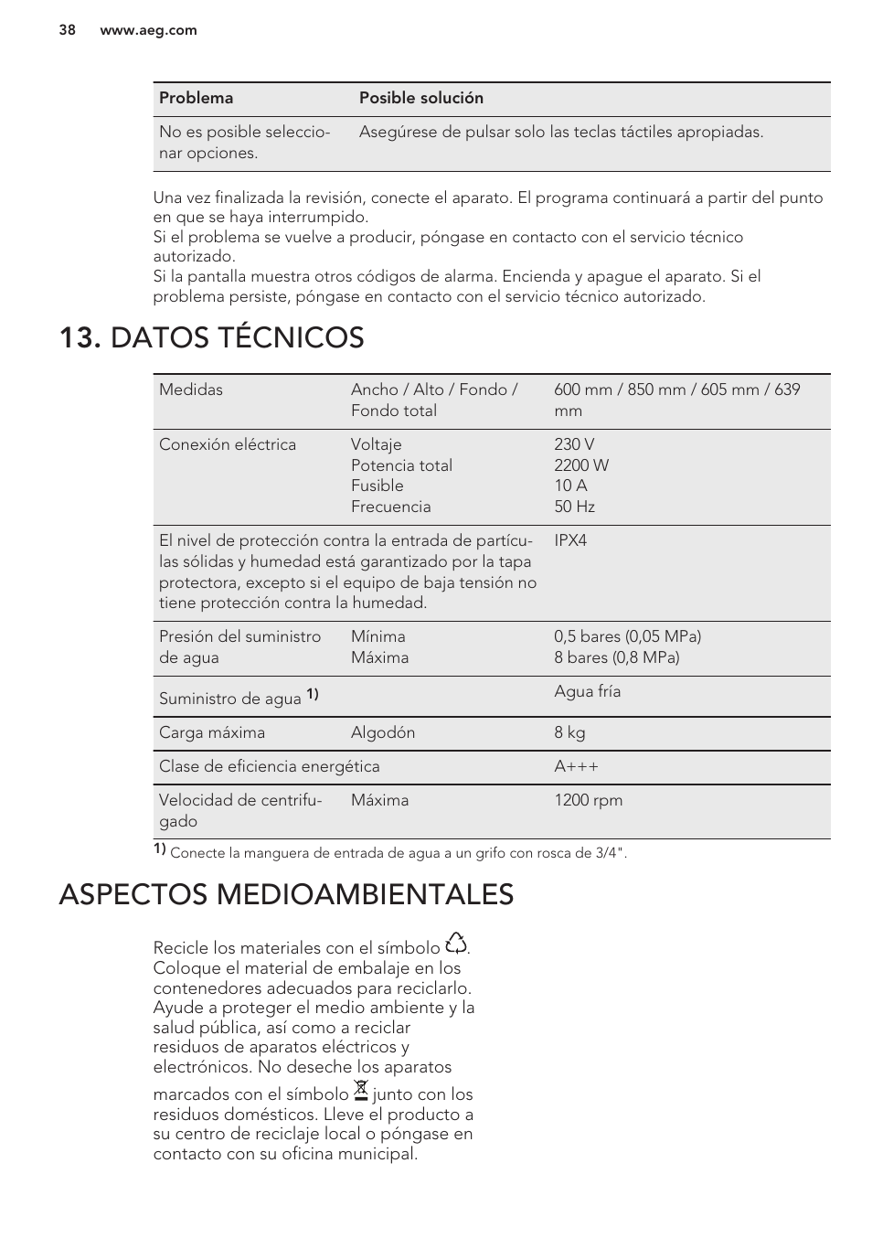 Datos técnicos, Aspectos medioambientales | AEG L62270FL User Manual | Page 38 / 40