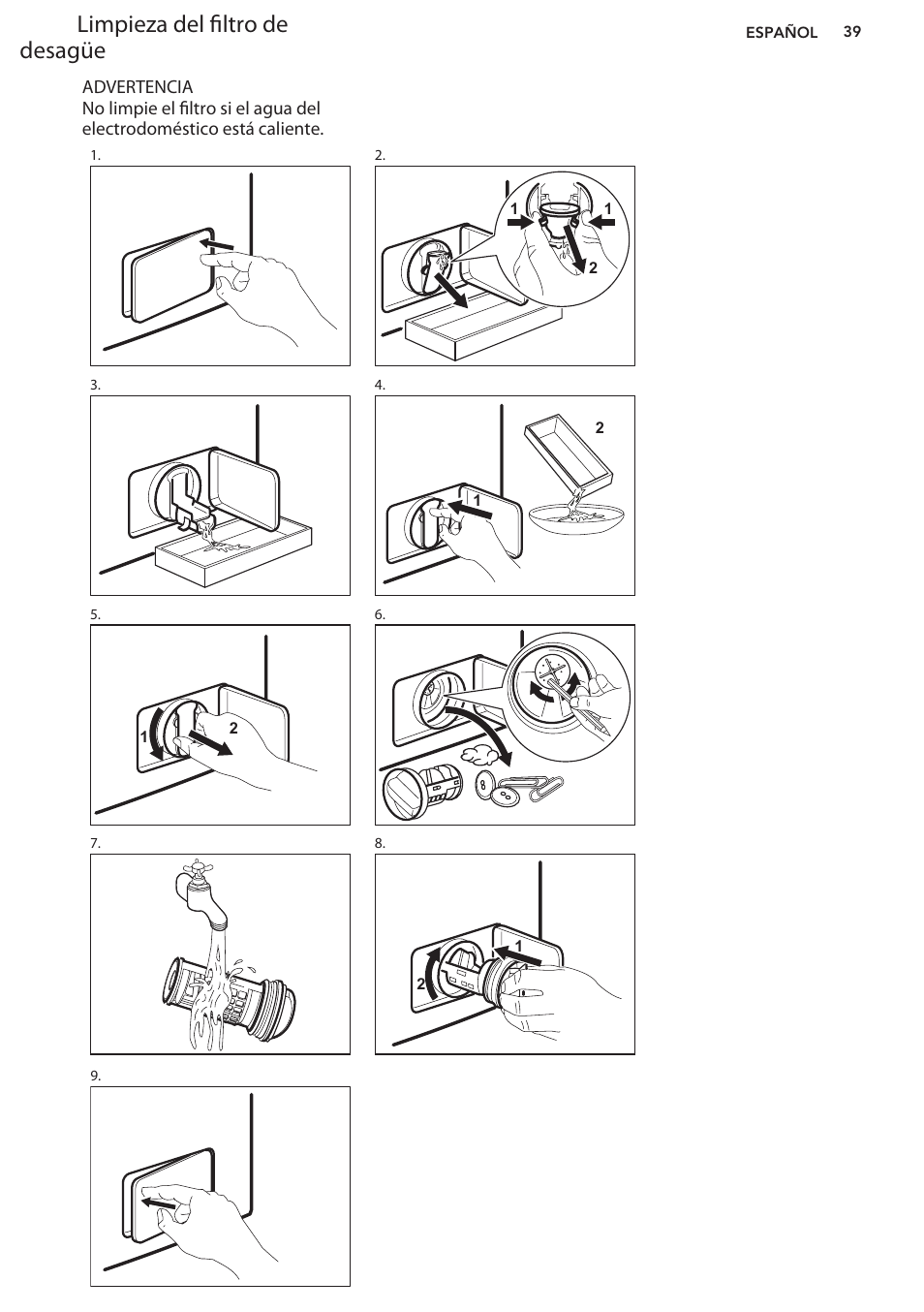 Limpieza del filtro de desagüe | AEG L62270FL User Manual | Page 39 / 40