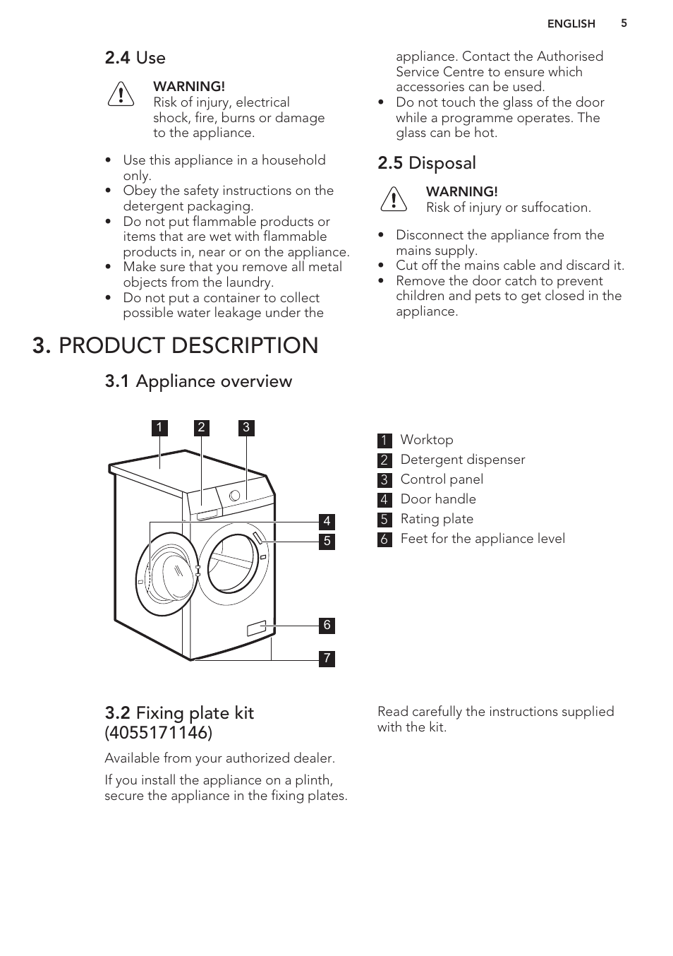 4 use, 5 disposal, Product description | 1 appliance overview, 2 fixing plate kit (4055171146) | AEG L62270FL User Manual | Page 5 / 40
