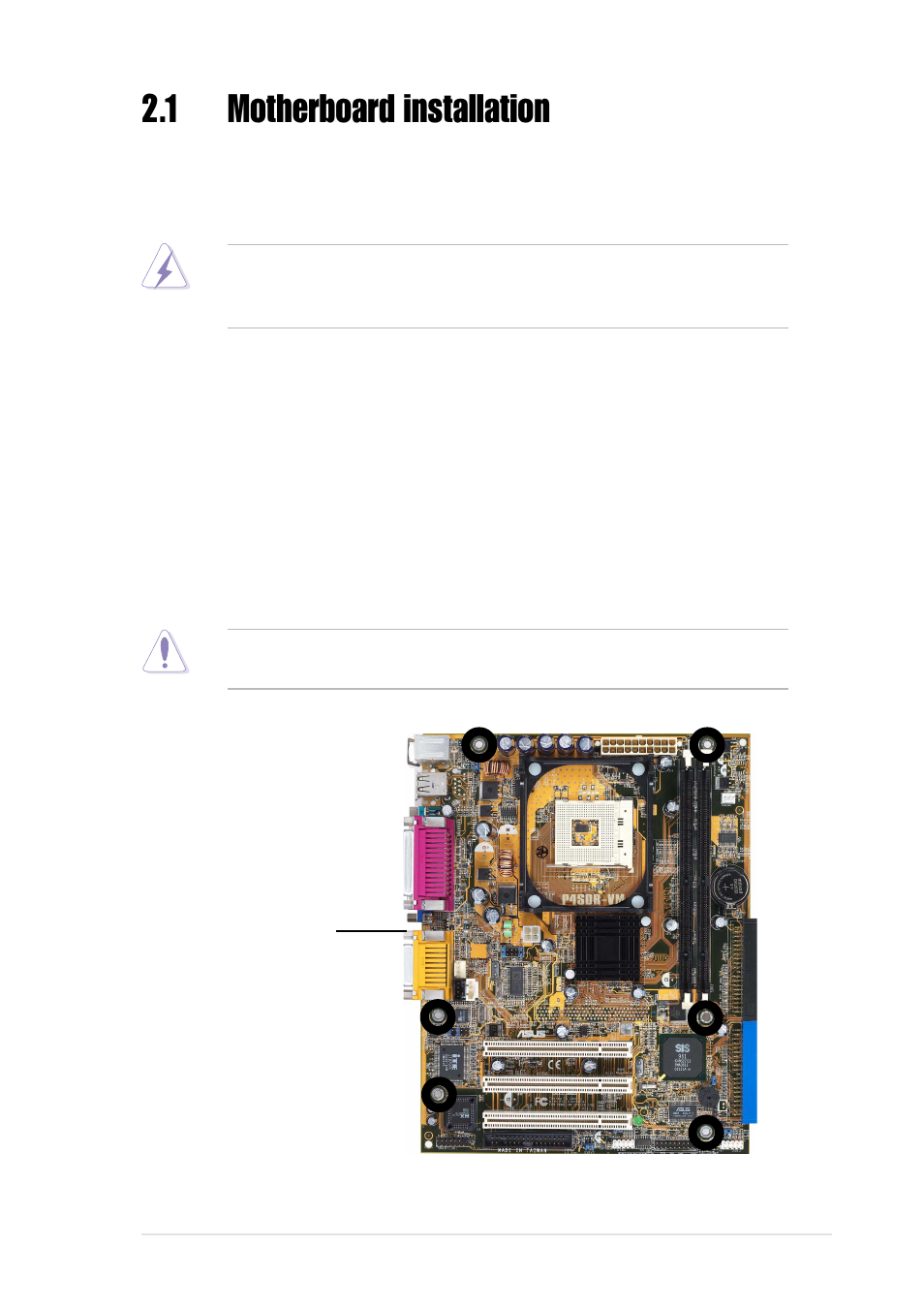 1 motherboard installation, 1 placement direction, 2 screw holes | Asus P4SDR-VM User Manual | Page 23 / 104