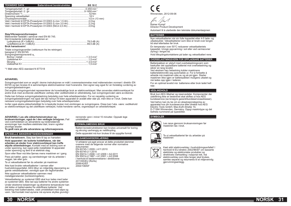 Norsk | AEG BS 18C LI User Manual | Page 16 / 35
