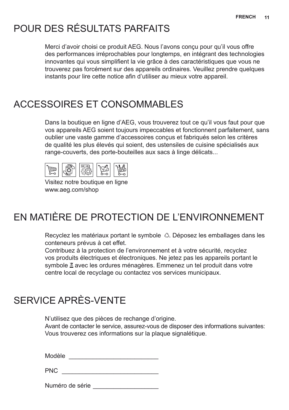 Pour des résultats parfaits, Accessoires et consommables, En matière de protection de l’environnement | Service après-vente | AEG DL8560-M User Manual | Page 11 / 72