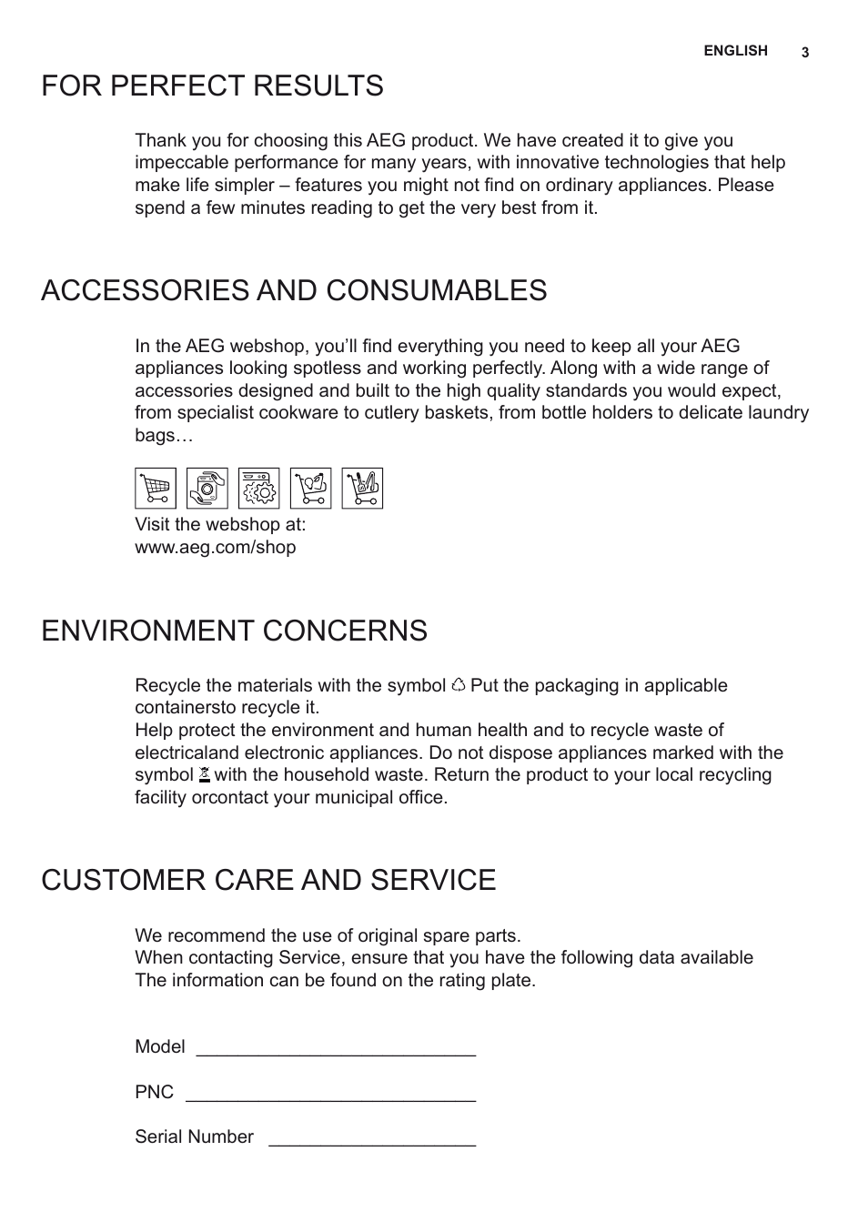 For perfect results, Accessories and consumables, Environment concerns | Customer care and service | AEG DL8560-M User Manual | Page 3 / 72