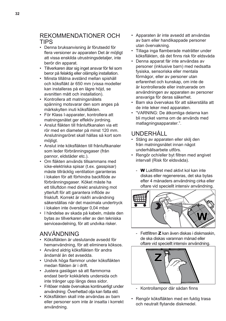 Rekommendationer och tips, Användning, Underhåll | AEG DL8560-M User Manual | Page 32 / 72