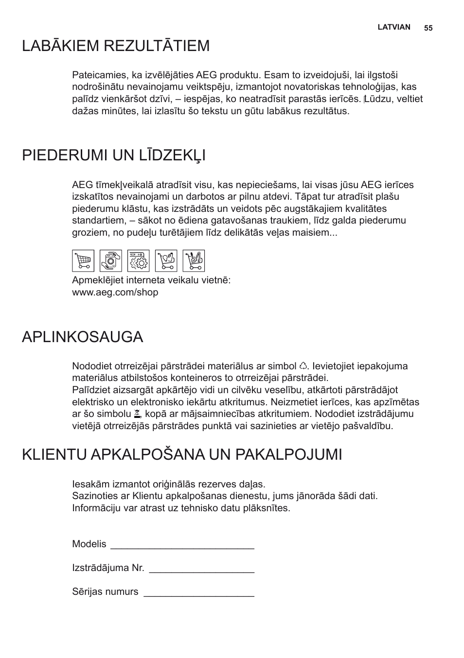 Labākiem rezultātiem, Piederumi un līdzekļi, Aplinkosauga | Klientu apkalpošana un pakalpojumi | AEG DL8560-M User Manual | Page 55 / 72