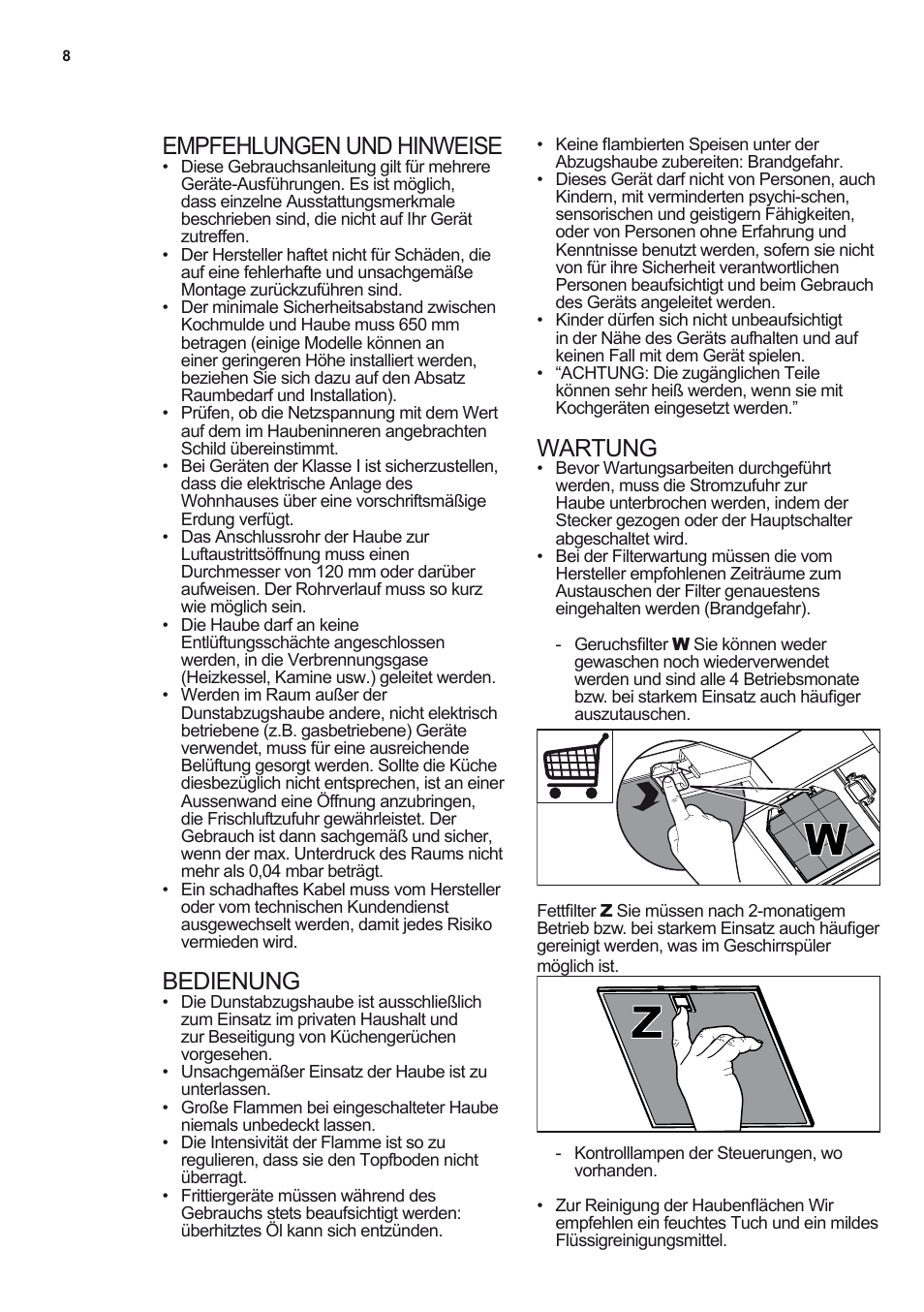 Empfehlungen und hinweise, Bedienung, Wartung | AEG DL8560-M User Manual | Page 8 / 72