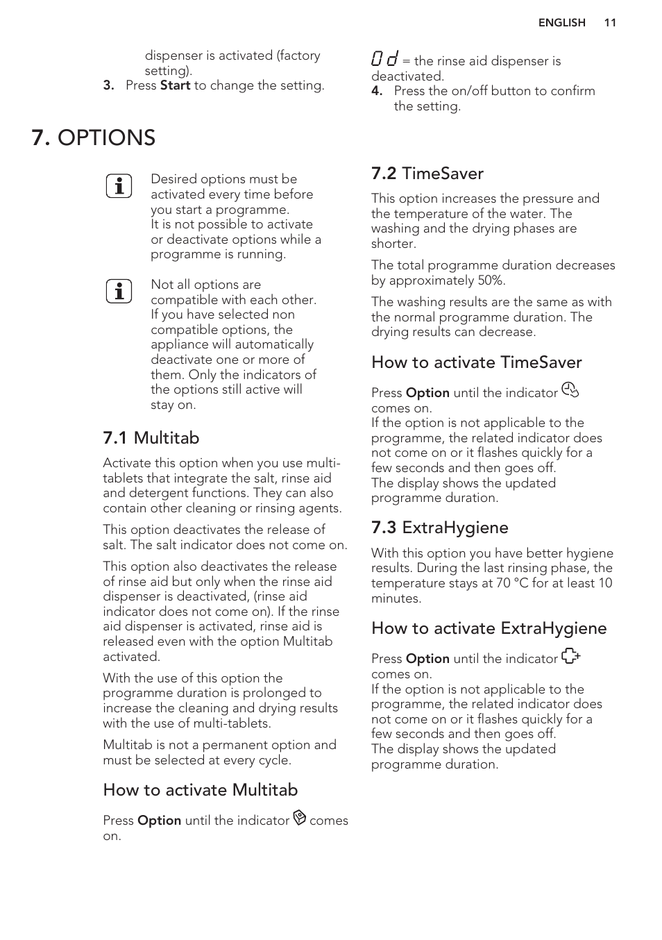 Options, 1 multitab, How to activate multitab | 2 timesaver, How to activate timesaver, 3 extrahygiene, How to activate extrahygiene | AEG F66682M0P User Manual | Page 11 / 60
