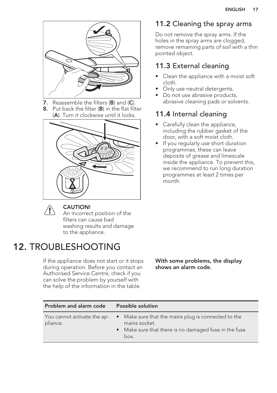 2 cleaning the spray arms, 3 external cleaning, 4 internal cleaning | Troubleshooting | AEG F66682M0P User Manual | Page 17 / 60