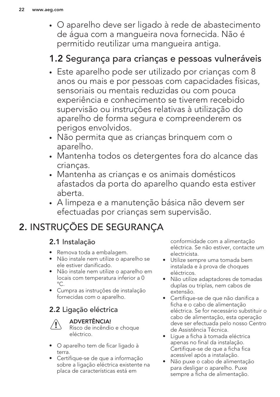2 segurança para crianças e pessoas vulneráveis, Instruções de segurança, 1 instalação | 2 ligação eléctrica | AEG F66682M0P User Manual | Page 22 / 60