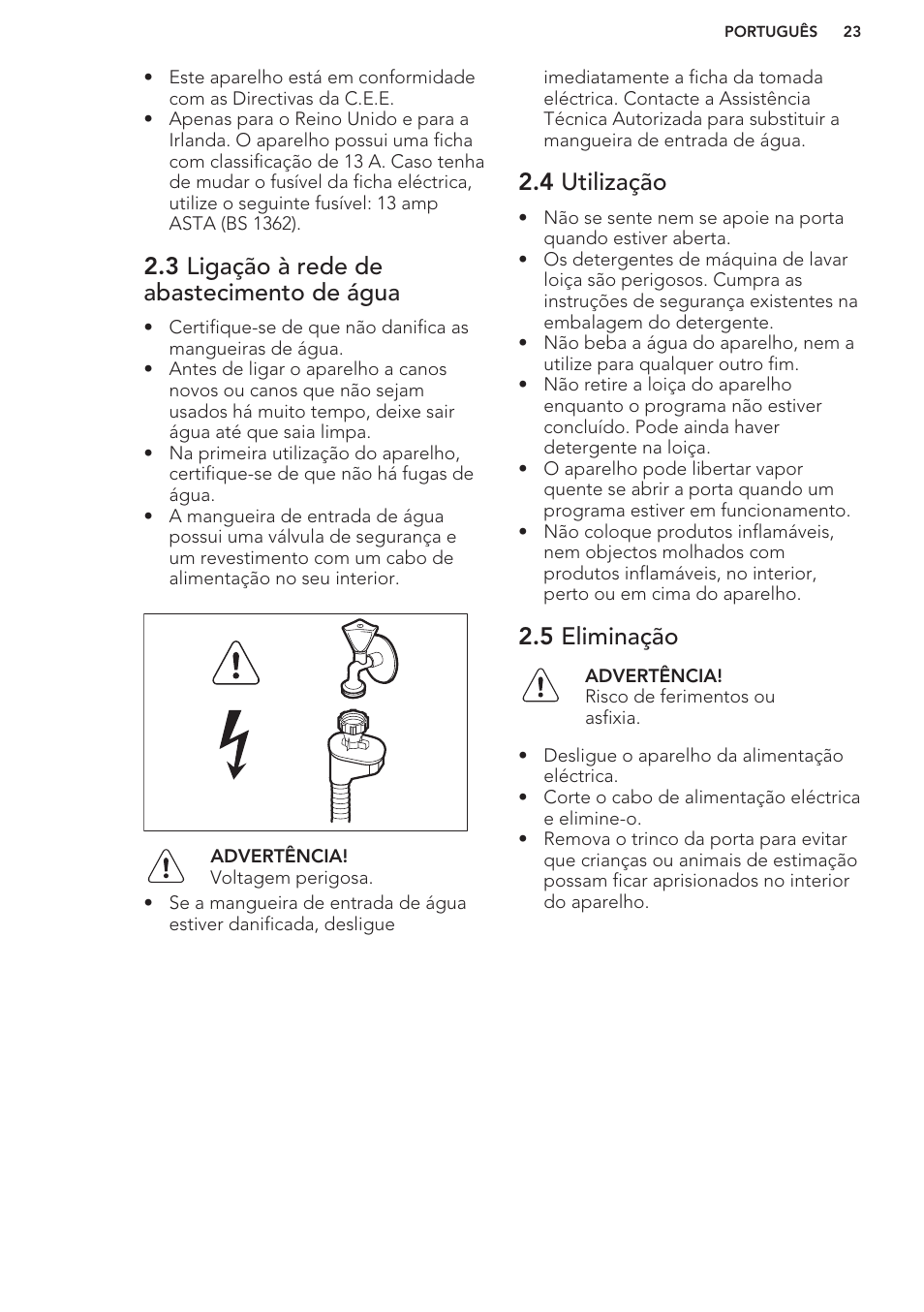 3 ligação à rede de abastecimento de água, 4 utilização, 5 eliminação | AEG F66682M0P User Manual | Page 23 / 60