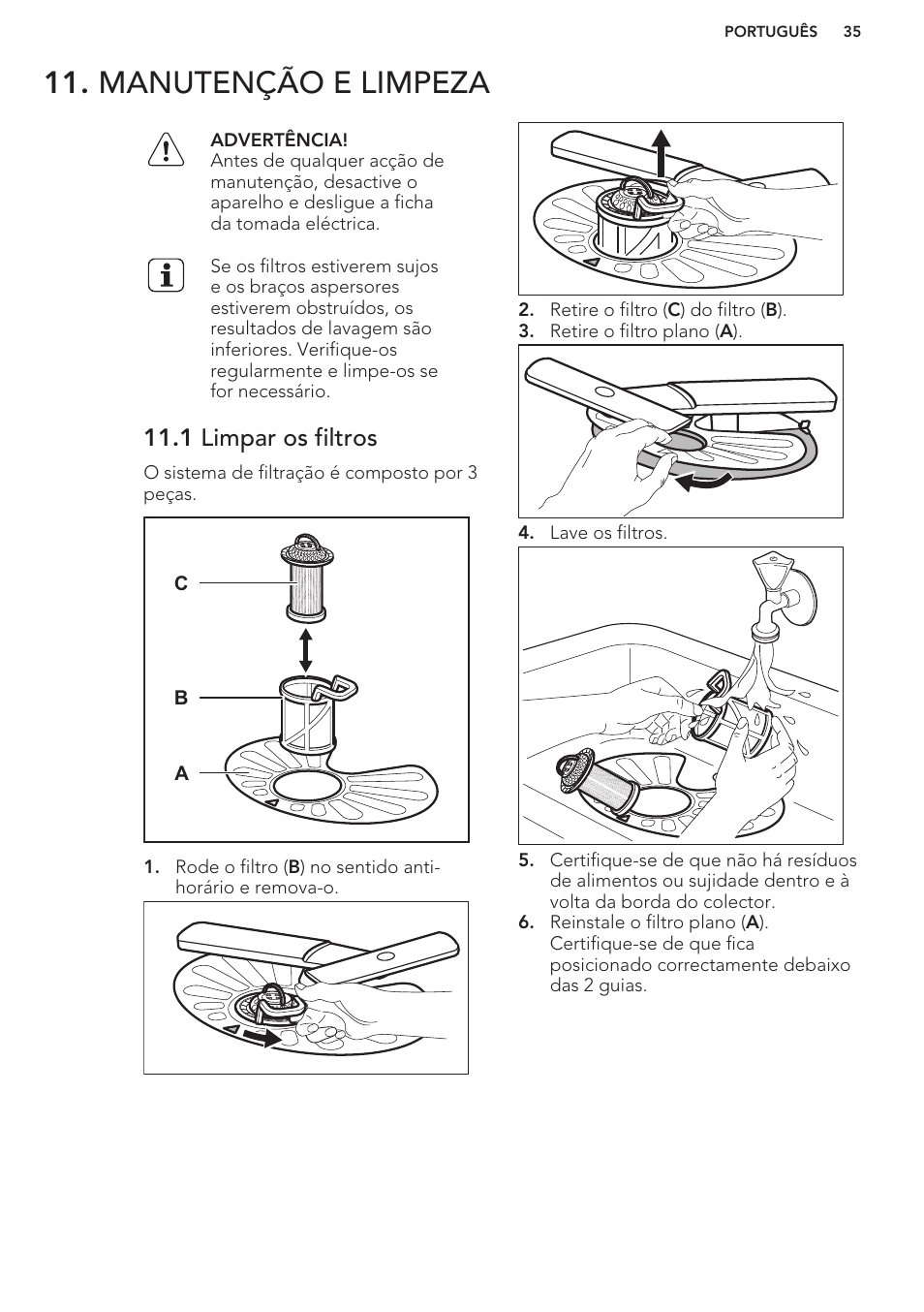 Manutenção e limpeza, 1 limpar os filtros | AEG F66682M0P User Manual | Page 35 / 60