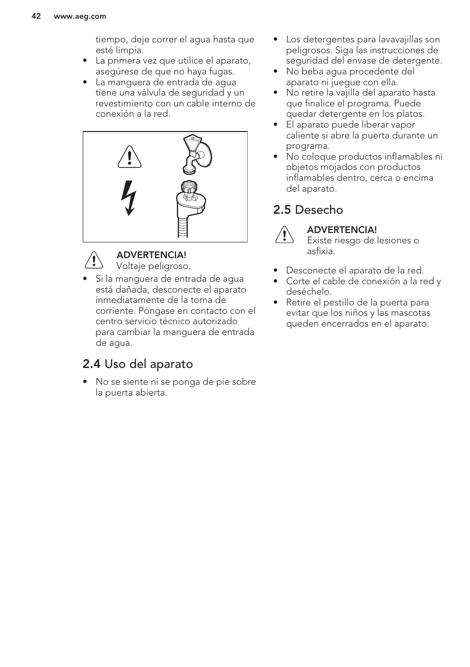 4 uso del aparato, 5 desecho | AEG F66682M0P User Manual | Page 42 / 60