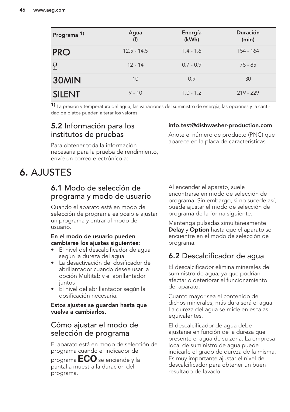 2 información para los institutos de pruebas, Ajustes, 1 modo de selección de programa y modo de usuario | Cómo ajustar el modo de selección de programa, 2 descalcificador de agua | AEG F66682M0P User Manual | Page 46 / 60