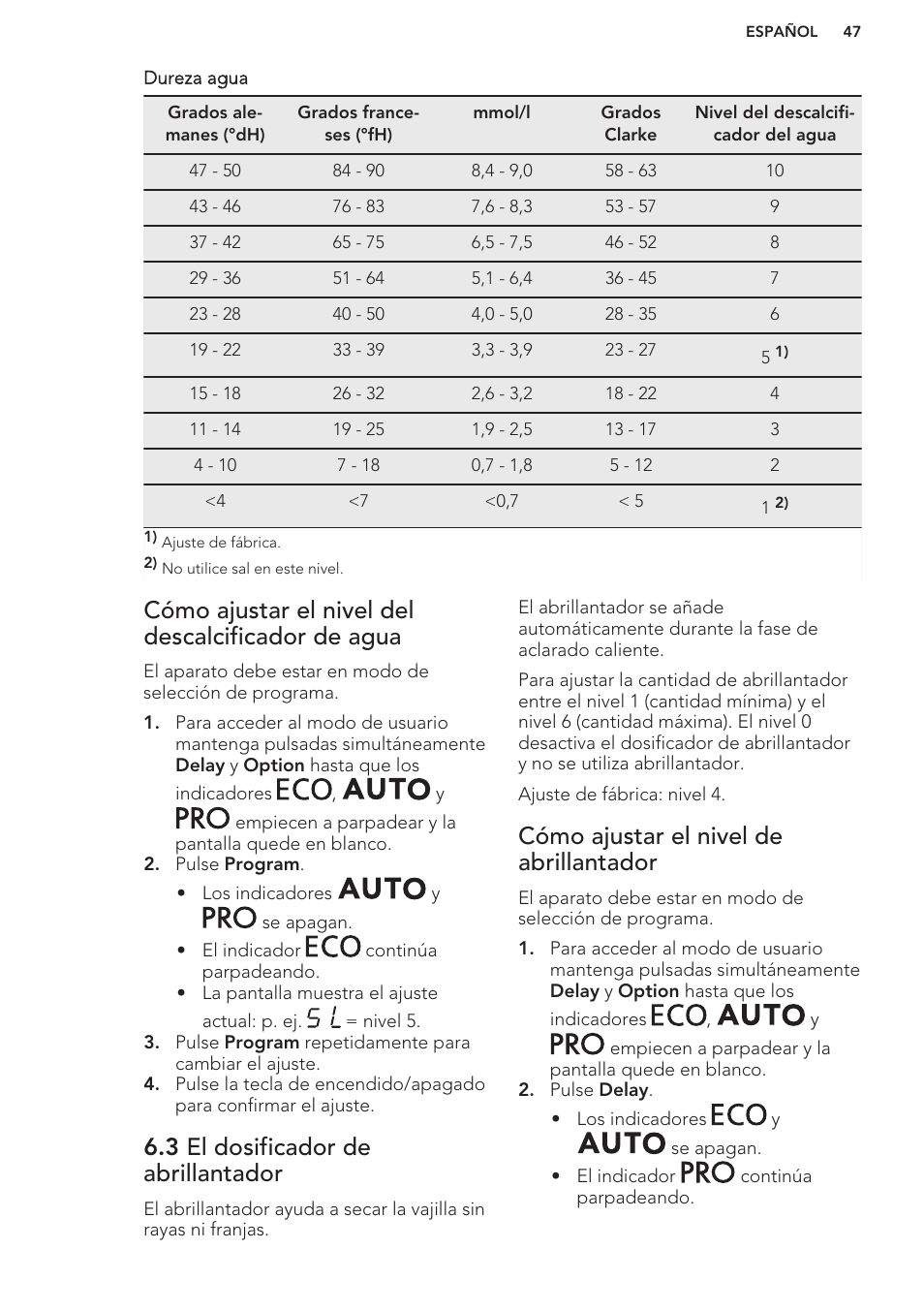 Cómo ajustar el nivel del descalcificador de agua, 3 el dosificador de abrillantador, Cómo ajustar el nivel de abrillantador | AEG F66682M0P User Manual | Page 47 / 60