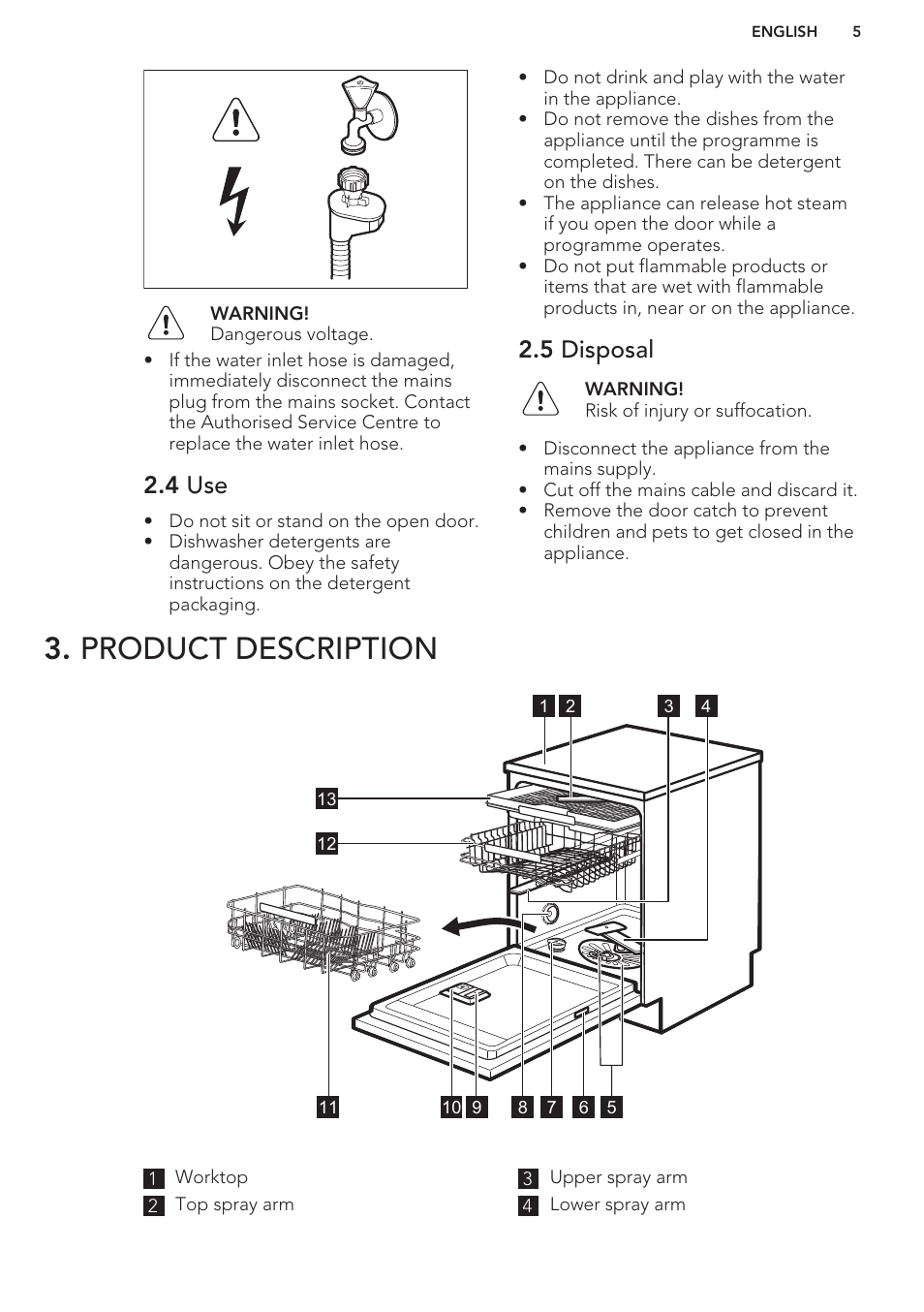 4 use, 5 disposal, Product description | AEG F66682M0P User Manual | Page 5 / 60