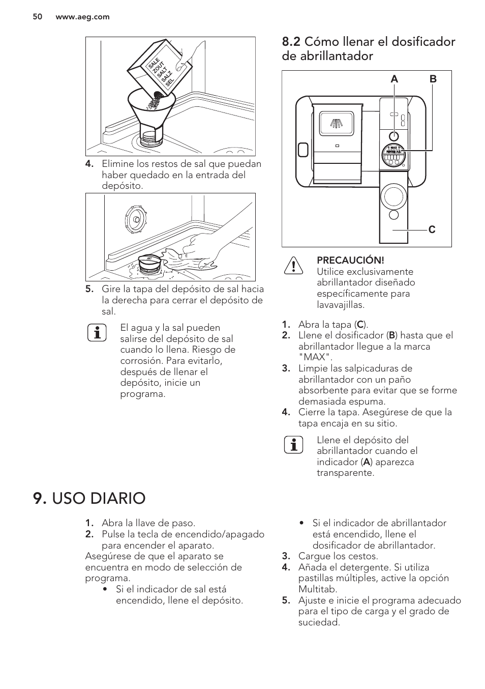 2 cómo llenar el dosificador de abrillantador, Uso diario | AEG F66682M0P User Manual | Page 50 / 60