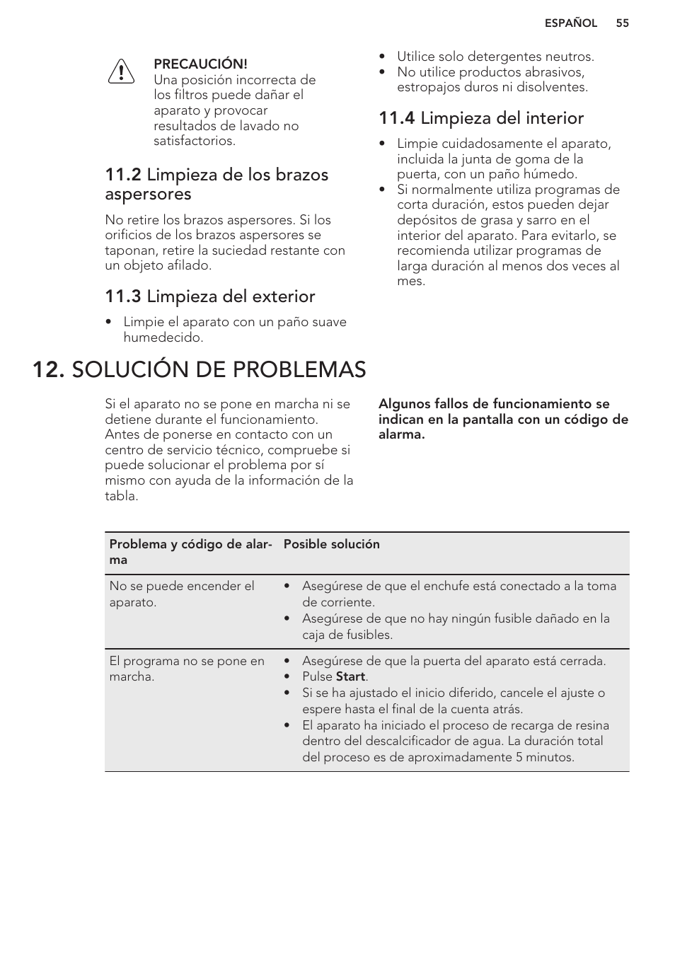 2 limpieza de los brazos aspersores, 3 limpieza del exterior, 4 limpieza del interior | Solución de problemas | AEG F66682M0P User Manual | Page 55 / 60