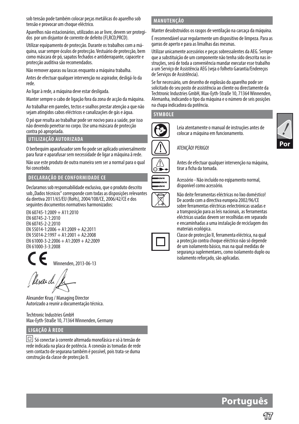 Português | AEG BE 705 R User Manual | Page 19 / 62