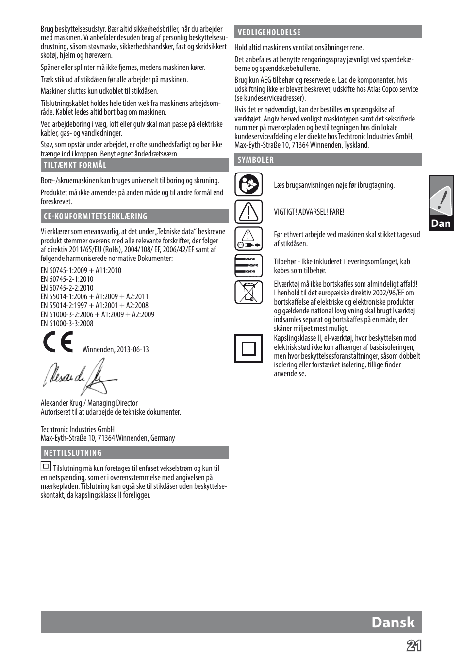 Dansk | AEG BE 705 R User Manual | Page 23 / 62