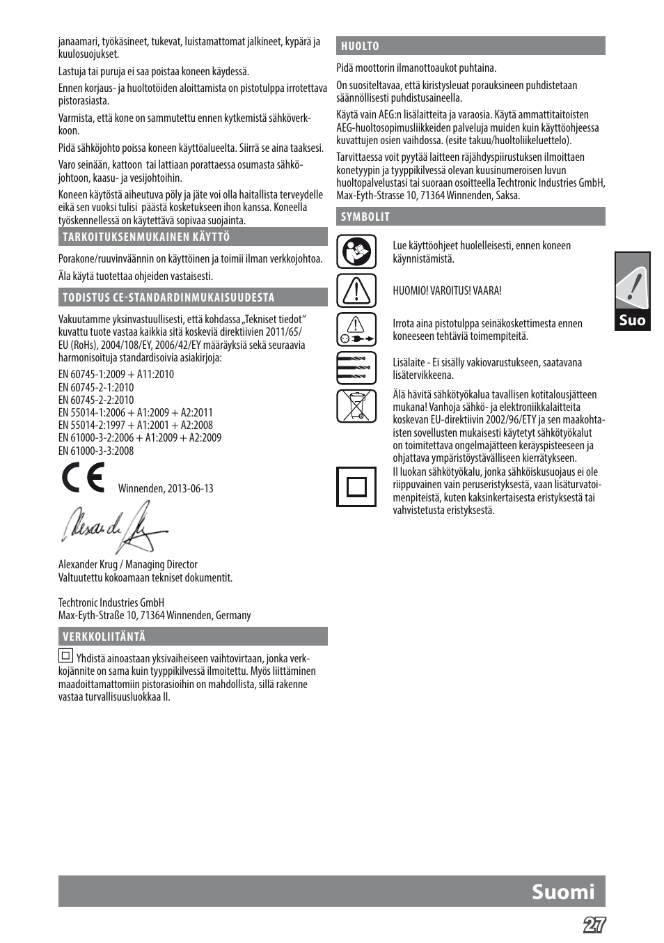 Suomi | AEG BE 705 R User Manual | Page 29 / 62