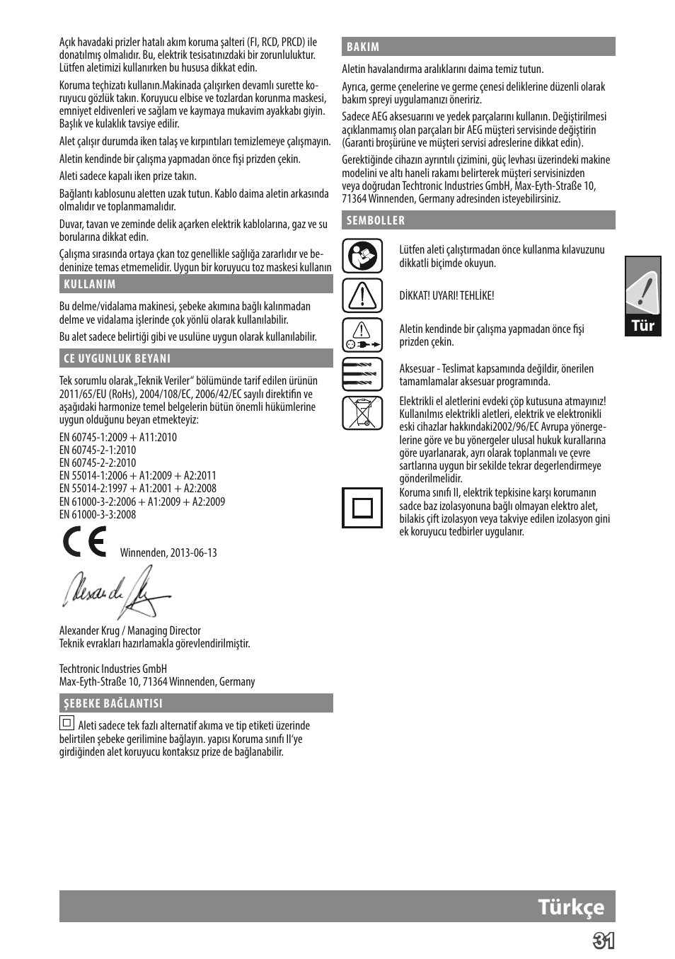 Türkçe | AEG BE 705 R User Manual | Page 33 / 62