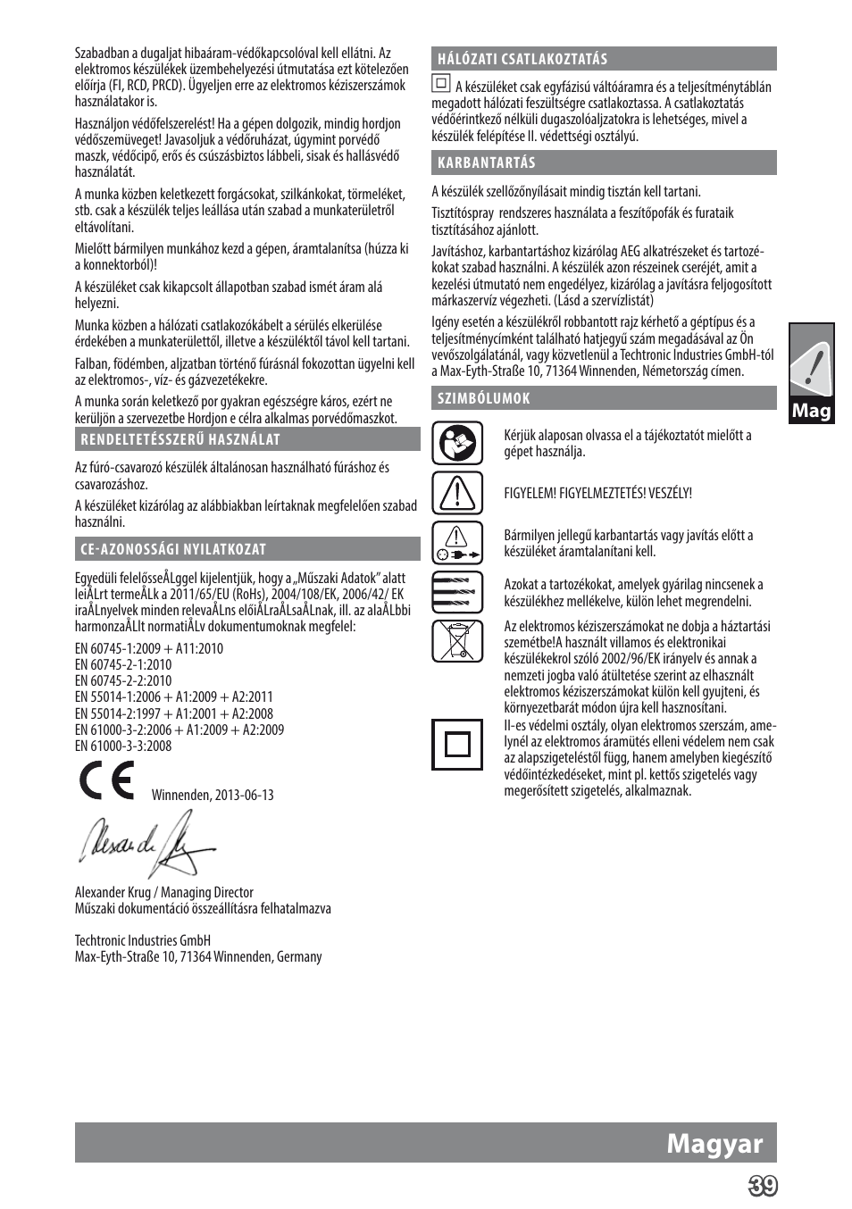 Magyar | AEG BE 705 R User Manual | Page 41 / 62