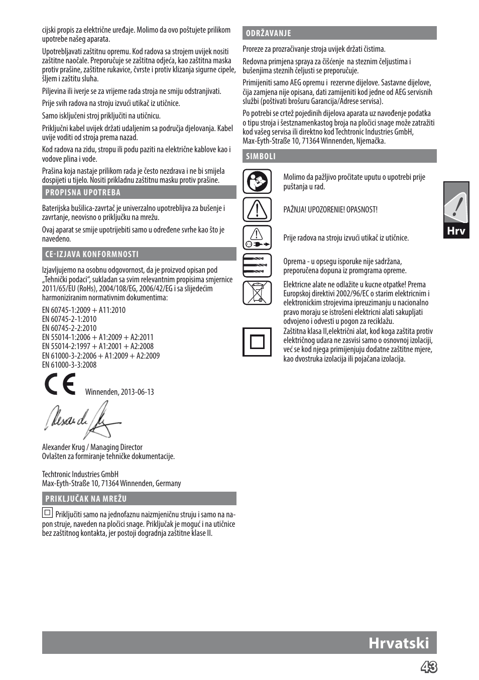 Hrvatski | AEG BE 705 R User Manual | Page 45 / 62